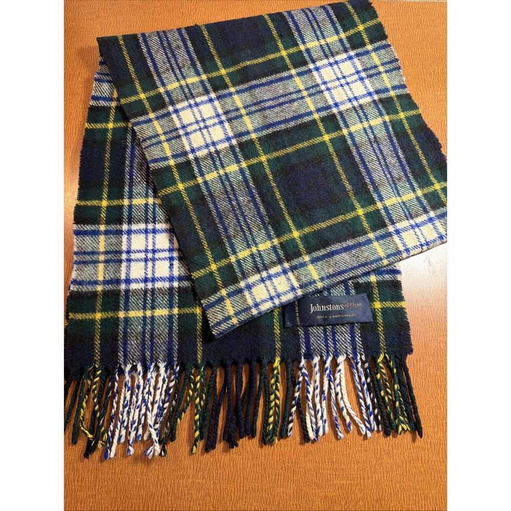 VTG Johnstons Of Elgin Wool Blend Green Plaid Fringe 42" X 8" Scarf Scotland